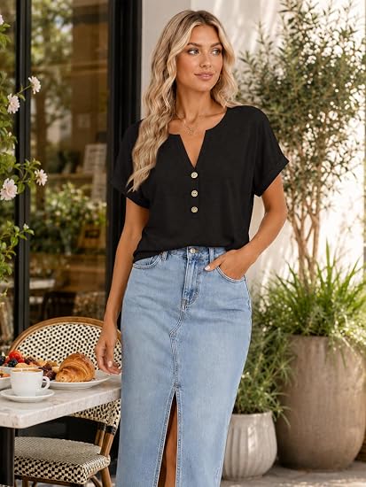Soft Button-Front V-Neck Summer Tee